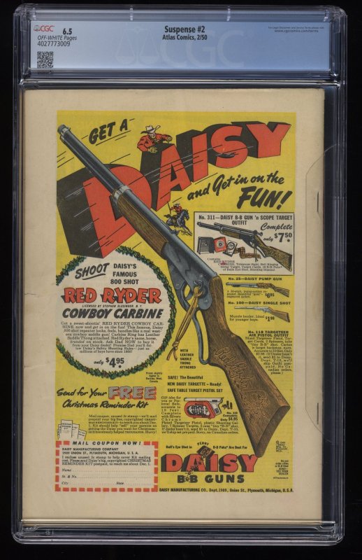 Suspense #2 CGC FN+ 6.5 Off White Double Cover! 1950 Photo Cover!