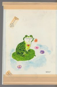 VALENTINE Cartoon Frog w/ Flower on Lillipad 5.5x8 Greeting Card Art #V3606