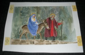 CHRISTMAS Baby Jesus Mary Joseph & Donkey 8.5x6.25 Greeting Card Art #2523