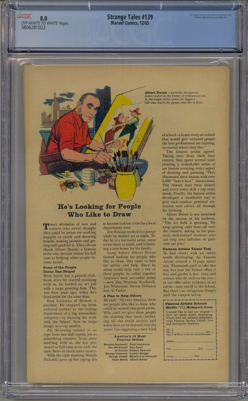 STRANGE TALES #139 CGC 8.0 DOCTOR STRANGE NICK FURY