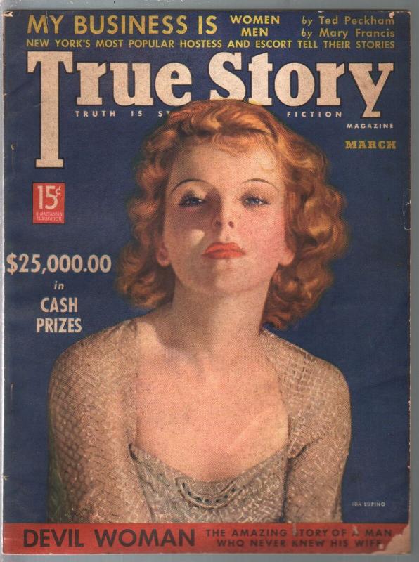 True Story 3/1938-Ida Lupino-Devil Woman-scandal-exploitation-comic art-pulp thr