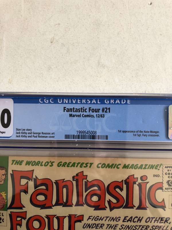 Fantastic Four 21,CGC 7,Hitler app/Sgt Fury 1stXover!