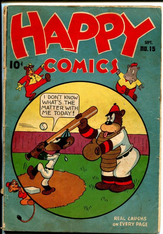 Happy #15 1946-Nedor-bear & monkey play baseball-wacky cover-Canadian-VG