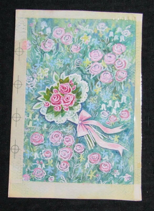 YOUR WEDDING Bouquet in Field of Pink Roses 5.5x8 Greeting Card Art #WC7752