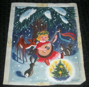 CHRISTMAS Cute Girl Playing Mandolin to Deer Rabbit 7x9 Greeting Card Art #10CC