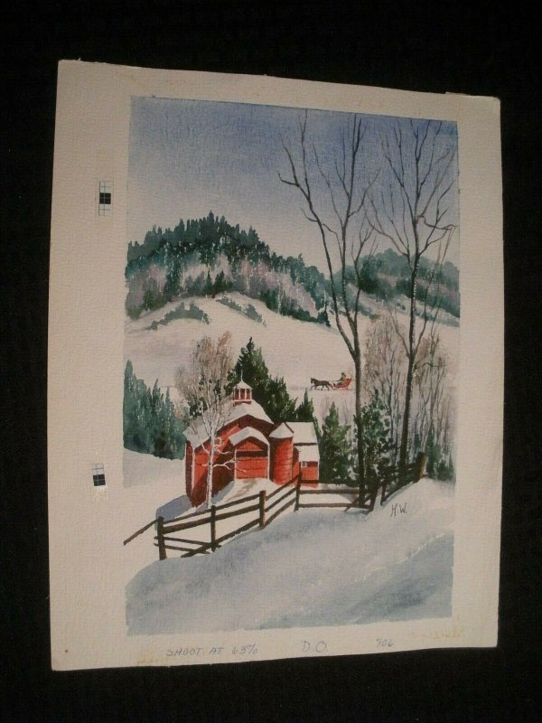 CHRISTMAS Winter Scene w/ Farm Barn Horse Carriage 10x13 Greeting Card Art #706