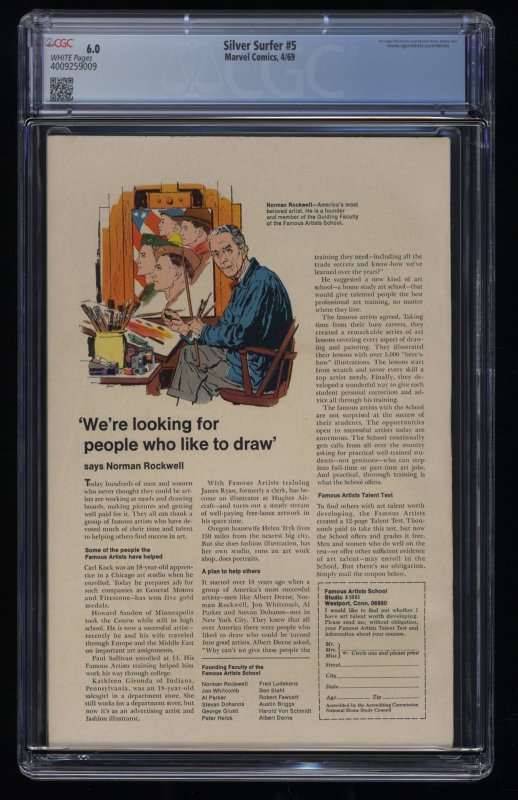 Silver Surfer #5 CGC FN 6.0 White Pages John Buscema Artwork!