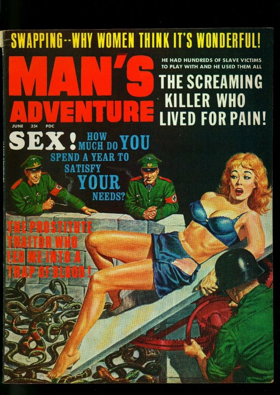 Man's Adventure Pulp Magazine June 1967- Snake Nazi Torture cover- VG