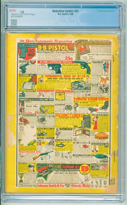 Detective Comics #31 (1939) CGC 1.0 1st Batplane!