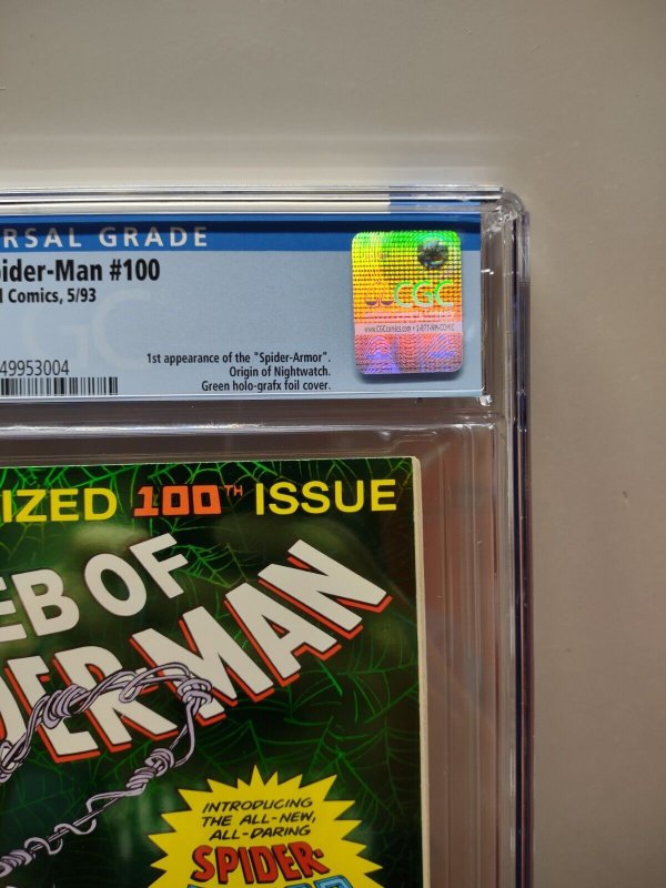 Web of Spider-Man #100 Rare Newsstand! CGC 9.6 1st Spider-Armor Green Holo Foil