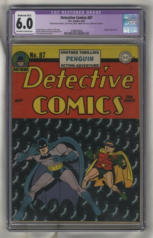 Detective Comics #87 - 1944 - CGC 6.0 - Moderate Restoration (B-3) - Penguin!