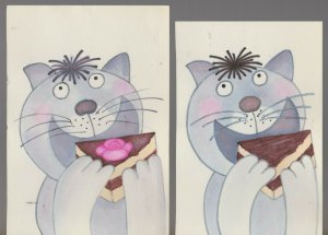 HAPPY BIRTHDAY Cartoon Cat Eating Cake 2pcs 5x7.5 Greeting Card Art #B35