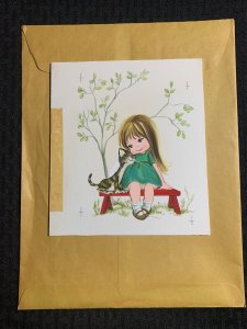 A FRIEND LIKE YOU Cute Girl on Bench with Kitten 6.5x7 Greeting Card Art M1463