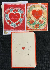 BE MY VALENTINE Small Red Hearts & Flowers 3.5x5.5 Greeting Card Art LOT of 3