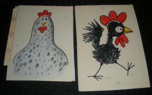 BIRTHDAY White & Black Cartoon Roosters 2pcs 5x7 Greeting Card Art #6574 9817