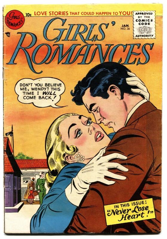 GIRLS' ROMANCES #36 1956-DC COMICS-TENDER MOMENT COVER!  vg