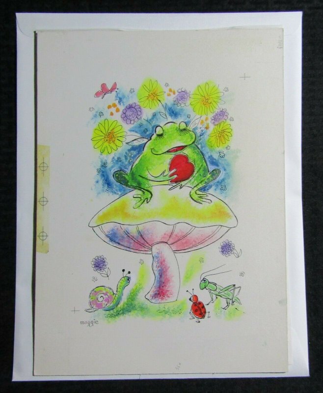 VALENTINES Cartoon Frog on Mushroom w/ Heart 10x13.5 Greeting Card Art #V3644