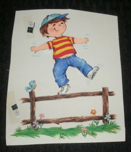 BIRTHDAY Cute Boy Balancing on Fence w/ Bluebird 5x6 Greeting Card Art #FD70