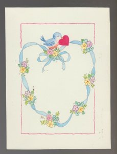 HAPPY VALENTINES DAY Bluebird with Heart & Ribbon 5x7 Greeting Card Art #V1099