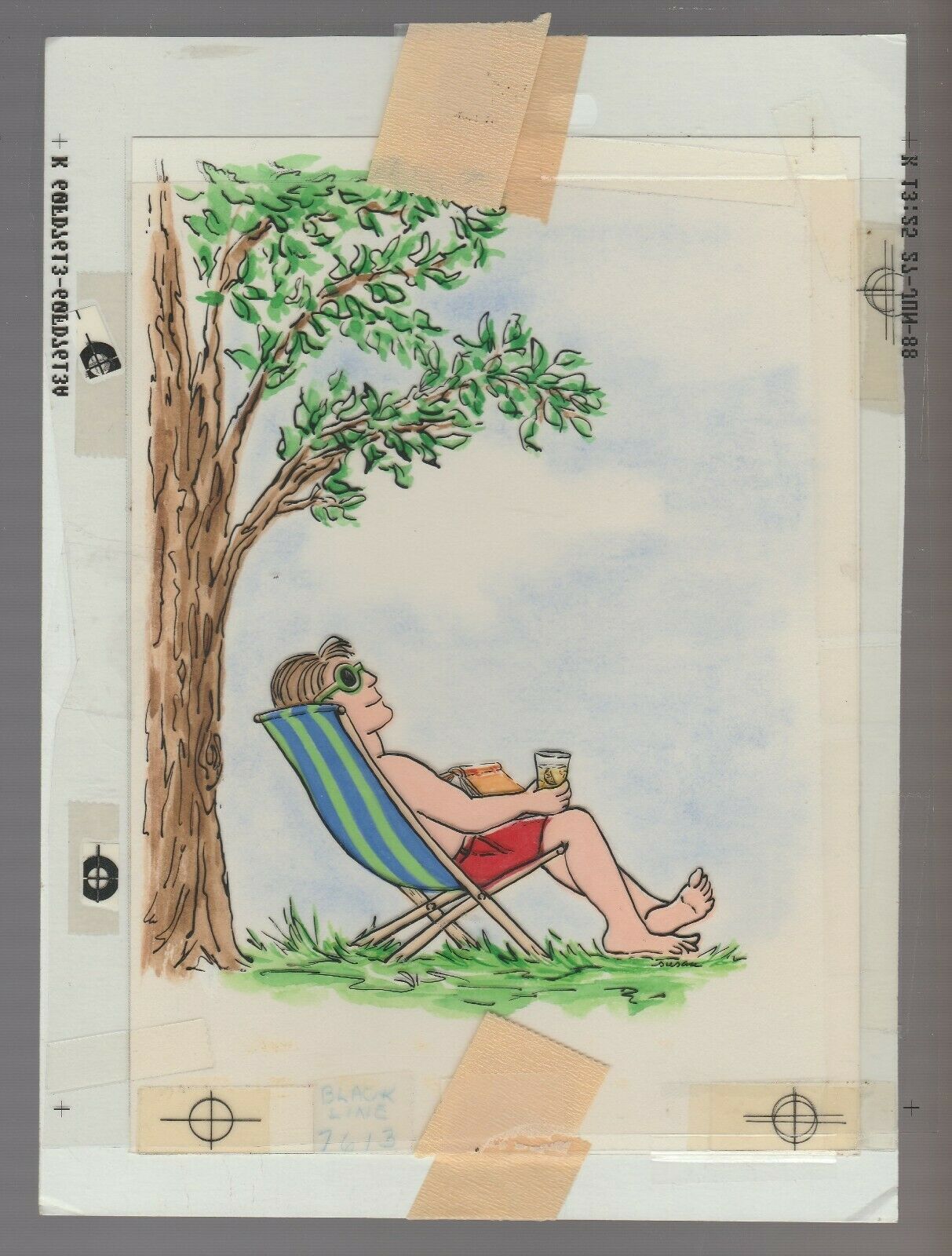 FATHERS DAY Cartoon Man in Lawn Chair w/ Drink 6.5x9" Greeting Card Art