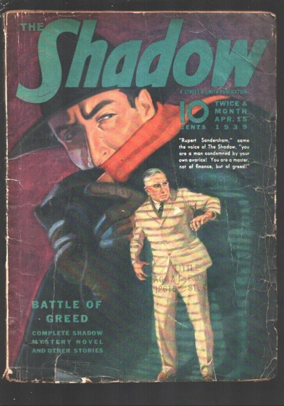 Shadow 4/15/1939-Battle of Greed by Maxwell Grant-Hero pulp-Minneapolis Mu...