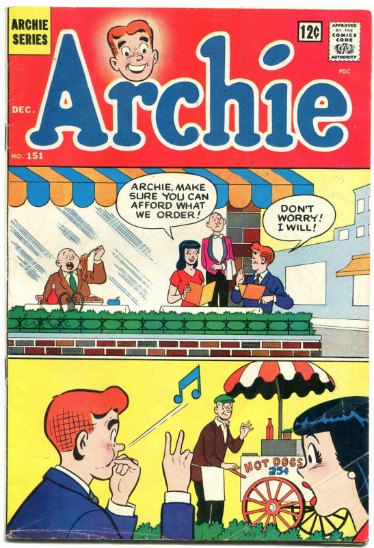 Archie Comics #151 1964-Hot dog cover- Betty & Veronica- Green monster story