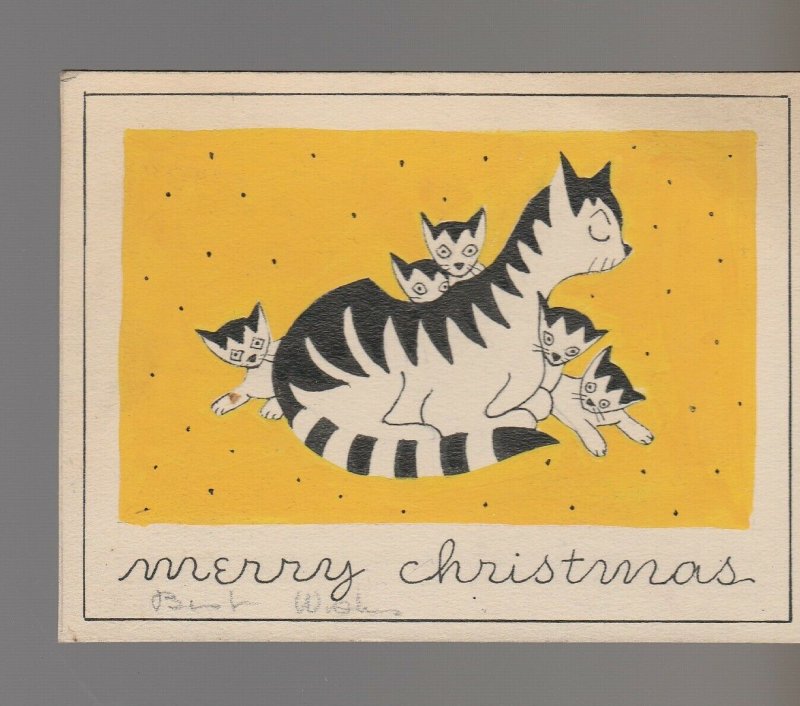 MERRY CHRISTMAS Striped Cat w/ 5 Kittens 4.25x3.25 Greeting Card Art #nn