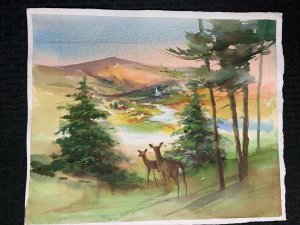 LANDSCAPE with Mountains & Deer in Woods by Hilder 13x11 Greeting Card Art #nn