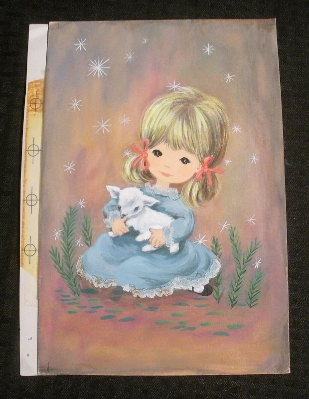 MERRY CHRISTMAS Cute Girl w/ White Lamb & Stars 6.5x10 Greeting Card Art #105