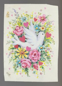 VALENTINES Painted Dove w/ Hearts & Flowers 4.5x6.5 Greeting Card Art #V3546