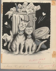 VALENTINE Cute Cats in Alley w/ Garbage Can 7.5x9.5 Greeting Card Art #V3204