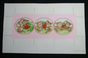 CHRISTMAS Cute Mice w/ Strawberry 3-Panels 14x9 Greeting Card Art #272