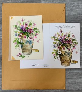 HAPPY ANNIVERSARY Flowers in Rustic Vase 4.5x6 Greeting Card Art A9064 w 3 Cards