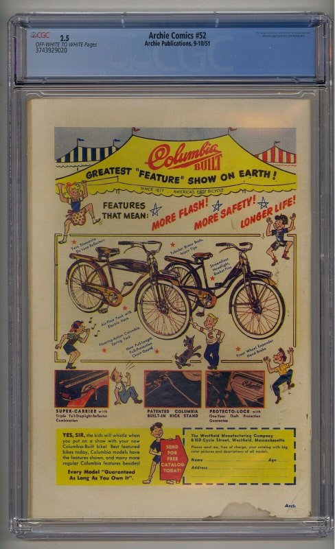 ARCHIE COMICS #52 CGC 2.5 GOLDEN AGE 