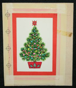 Original Christmas Greeting Card Art - 1970 Tree w Red Background & Holly Pot