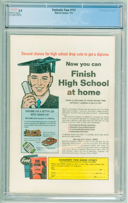 Fantastic Four #112 (1971) CGC 6.5! White Pages!