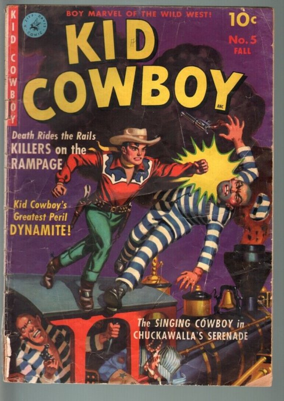 KID COWBOY WESTERN #5-PAINTED RAILROAD CRIME COVER-1951-ZIFF DAVIS-F/G FR/G