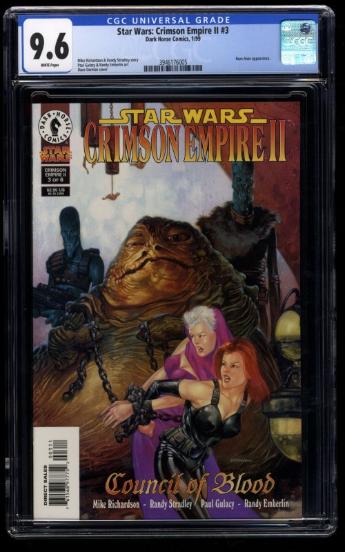 Star Wars: Crimson Empire II #3 CGC NM+ 9.6 White Pages Jabba the Hutt Cover!