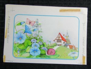 MORNING GLORIES w/ House Butterfly & Snail 7.5x5.5 Greeting Card Art #9440