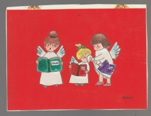 CHRISTMAS 3 Angel Children Singing & Blowing Nose 6x4.5 Greeting Card Art #3751