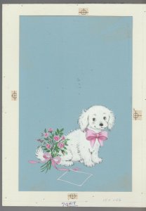 BIRTHDAY Cute White Puppy w/ Pink Bow & Flowers 7.5x10 Greeting Card Art #B1186
