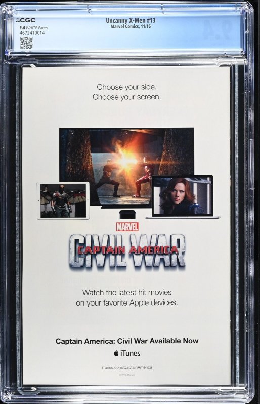 Uncanny X-Men #13 (11/16) Graded CGC 9.4