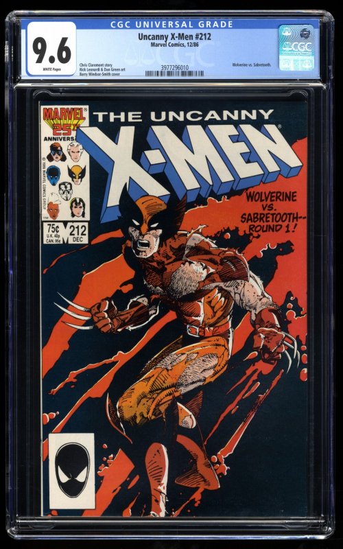 Uncanny X-Men #212 CGC NM+ 9.6 White Pages Wolverine Vs. Sabretooth!