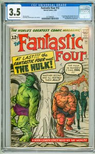 Fantastic Four #12 (1963) CGC 3.5! Cream-OW Pages! 1st meeting of the FF & Hulk!