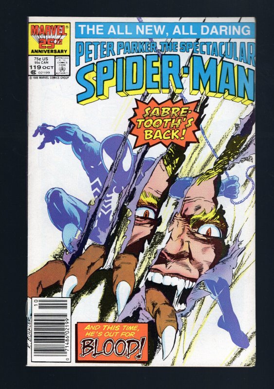 Spectacular Spider-Man #119 - Rich Buckler Cover Art. Sabretooth App. (9.0) 1986