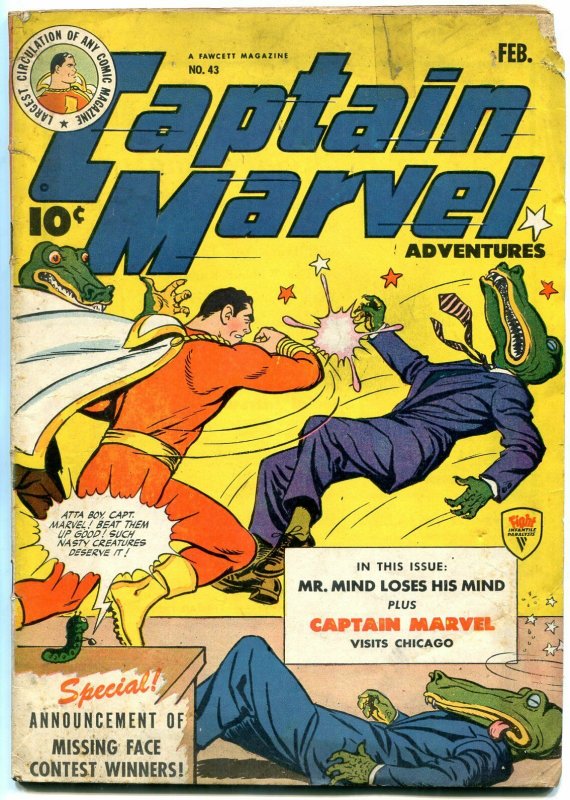 Captain Marvel Adventures #43 1945- Fawcett Golden Age- alligator cover