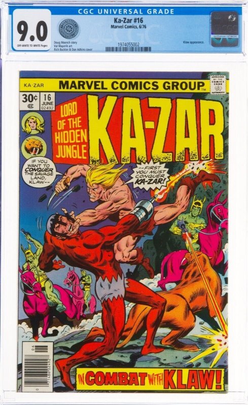 KAZAR #16 CGC 9.0 (Marvel 1976) In Combat with KLAW, White Pages