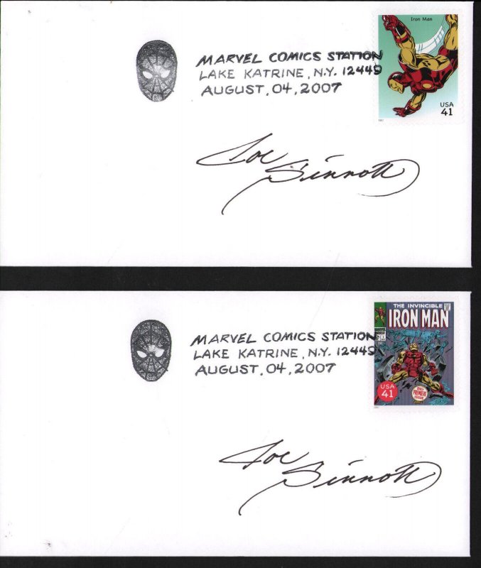 Two Marvel Comics Station Envelopes With Marvel Stamps - Signed by Joe Sinnott