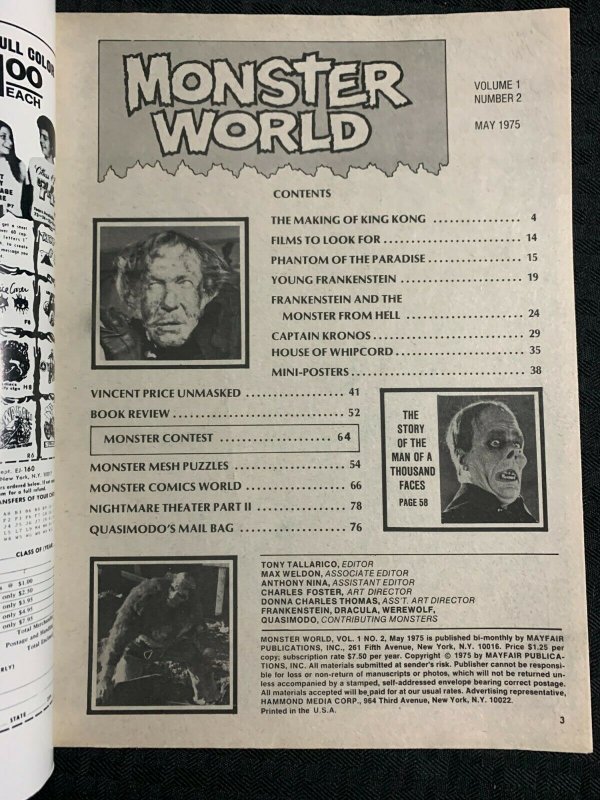 1975 MONSTER WORLD Magazine #2 FN 6.0 Vincent Price / King Kong / Lon Chaney 