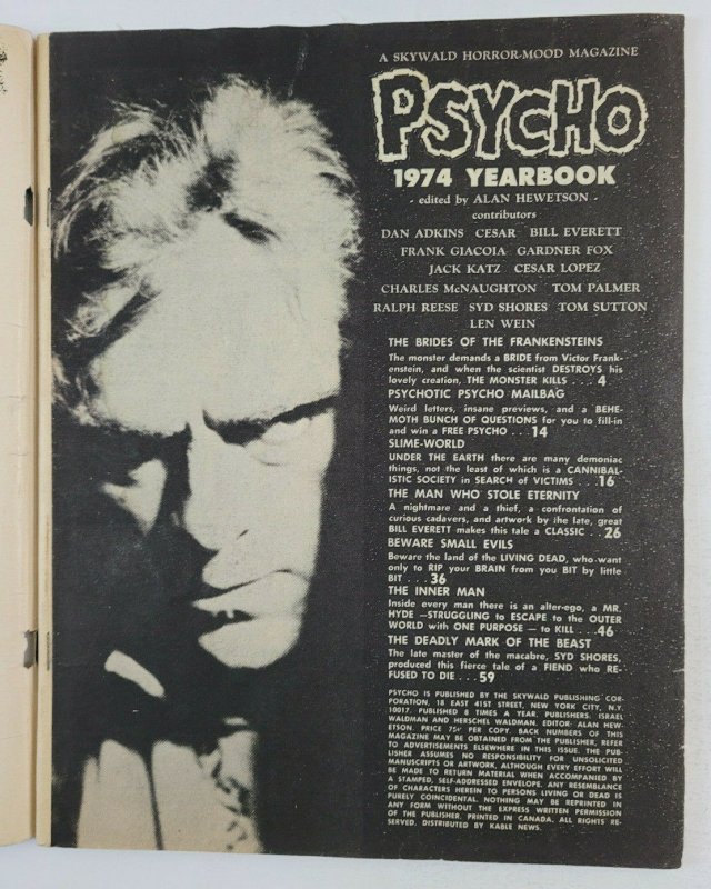 1974 Psycho Yearbook Vtg Comic Magazine Skywald Horror Bride of Frankenstein GD